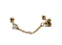 Barbell Steel PVD Gold Special Tragus pattern 3 balls with Chain and Strass | Itc