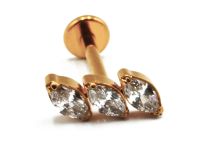 Labret Titanium PVD Gold Internal Thread Sterile pattern Marquise 3 Strass Diagonal
