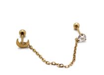 PVD Gold Steel Special Tragus Moon and Strass Barbell with Chain | Itc