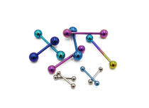 Pack of 10 titanium barbells, mixed size and color.